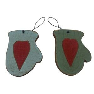 VTG 2000 Pair Of Handmade Wooden Christmas Mittens Ornaments With Hearts